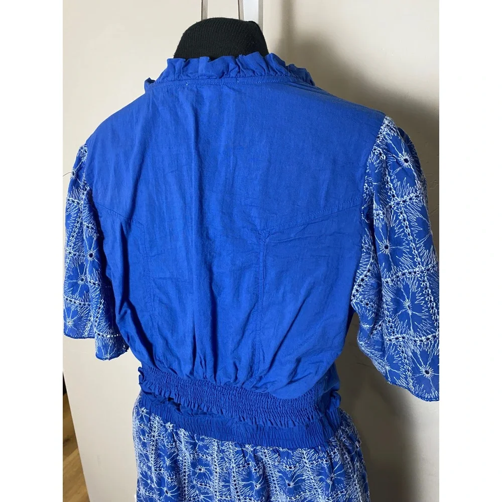 Solitaire Blue Eyelet Embroidered 2 Piece Crop Top Wide Leg Pants Boho Resort